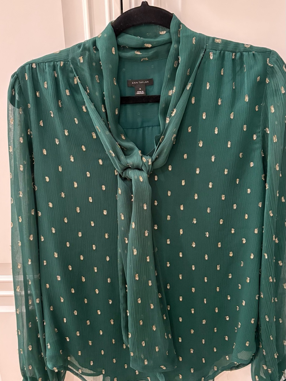 Ann Taylor Emerald Green Tie-Neck Blouse with Gold Dots
